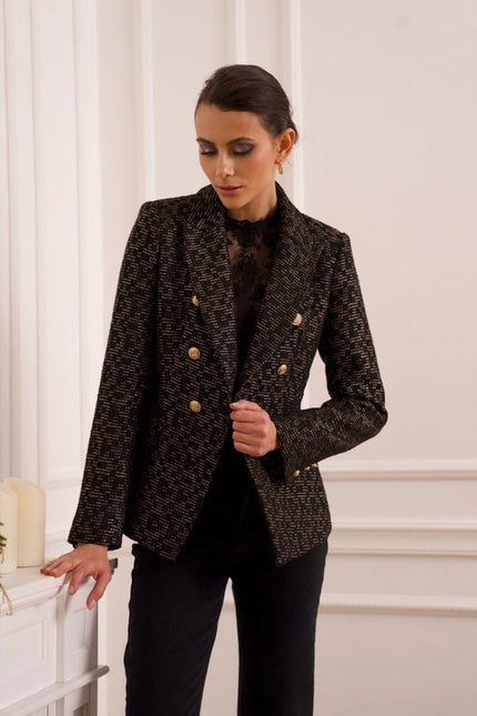 Slim Tweed Blazer Jacket With Gold Stripes Black