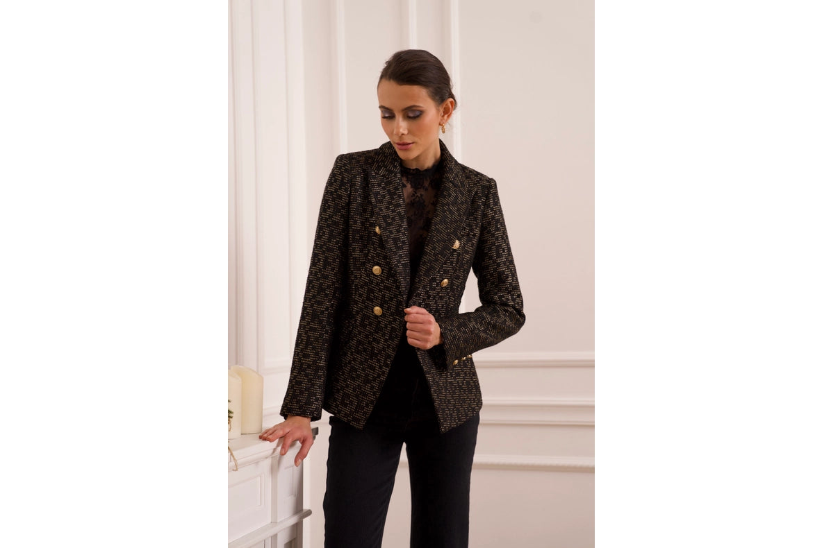 Slim Tweed Blazer Jacket With Gold Stripes Black