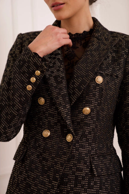 Slim Tweed Blazer Jacket With Gold Stripes Black