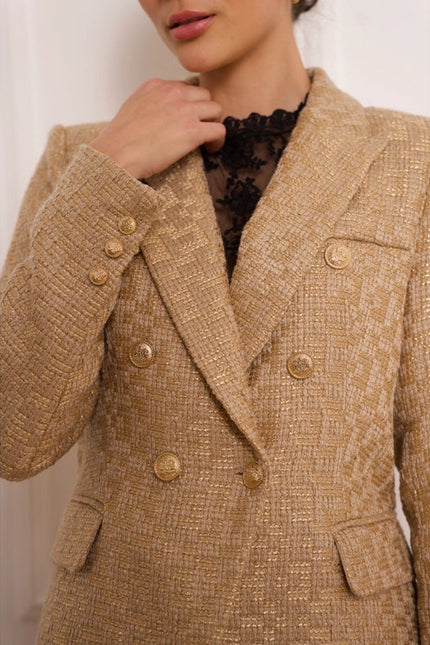 Slim Tweed Blazer Jacket With Gold Stripes Gold