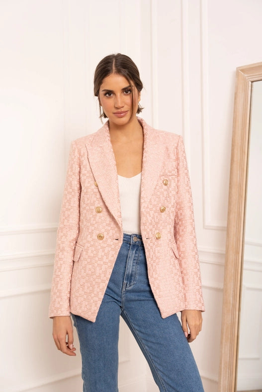 Slim Tweed Blazer Jacket With Gold Stripes Pink