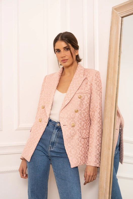 Slim Tweed Blazer Jacket With Gold Stripes Pink