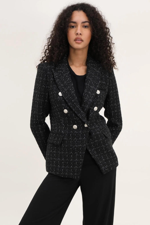 Slim Tweed Blazer Jacket With Silver Buttons Black