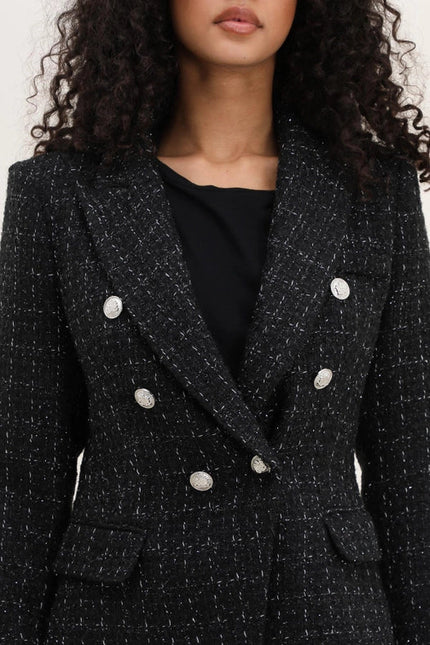 Slim Tweed Blazer Jacket With Silver Buttons Black