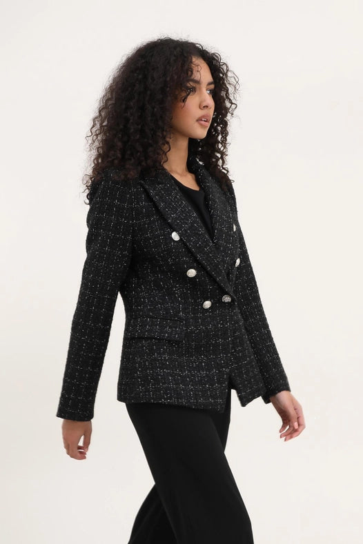 Slim Tweed Blazer Jacket With Silver Buttons Black