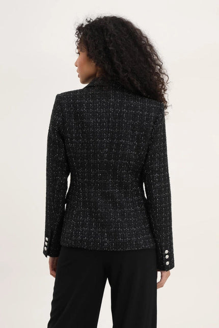 Slim Tweed Blazer Jacket With Silver Buttons Black