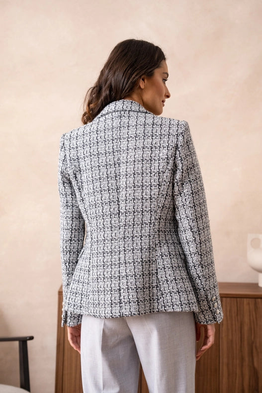 Slim Tweed Blazer Jacket With Silver Buttons Light Grey