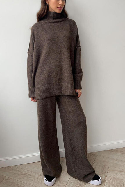 Slit Turtleneck Long Sleeve Top and Pants Sweater Set