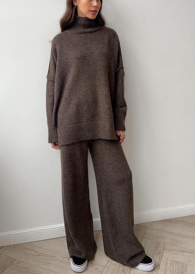 Slit Turtleneck Long Sleeve Top and Pants Sweater Set