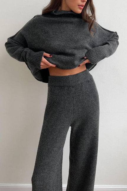 Slit Turtleneck Long Sleeve Top and Pants Sweater Set