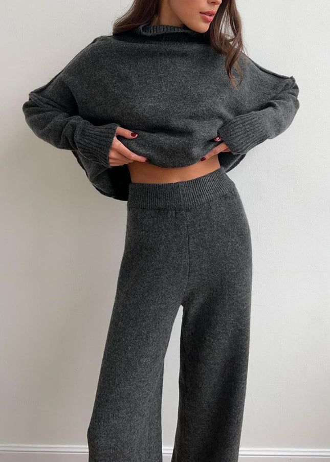 Slit Turtleneck Long Sleeve Top and Pants Sweater Set