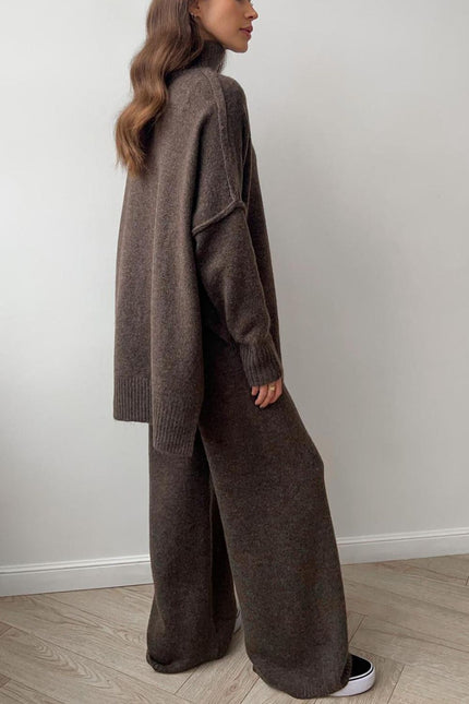 Slit Turtleneck Long Sleeve Top and Pants Sweater Set