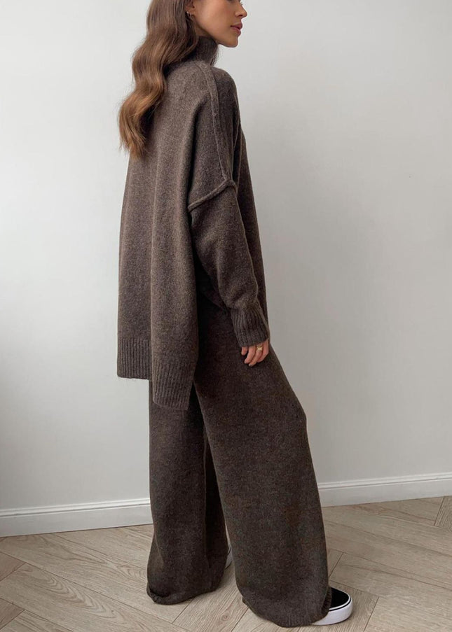 Slit Turtleneck Long Sleeve Top and Pants Sweater Set