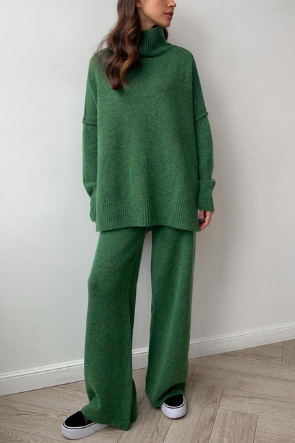 Slit Turtleneck Long Sleeve Top and Pants Sweater Set