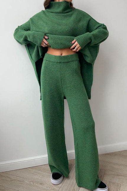 Slit Turtleneck Long Sleeve Top and Pants Sweater Set