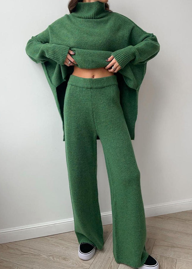 Slit Turtleneck Long Sleeve Top and Pants Sweater Set