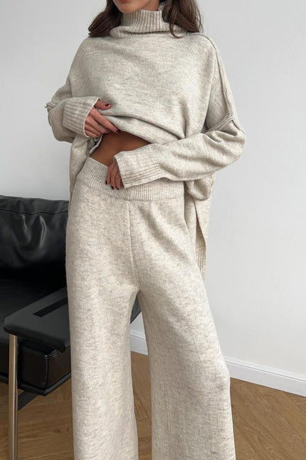 Slit Turtleneck Long Sleeve Top and Pants Sweater Set