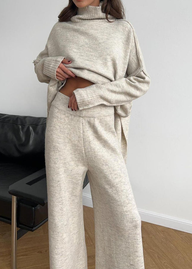 Slit Turtleneck Long Sleeve Top and Pants Sweater Set