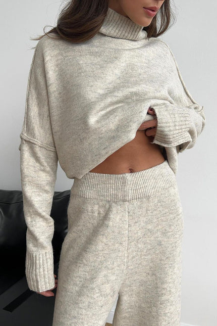 Slit Turtleneck Long Sleeve Top and Pants Sweater Set