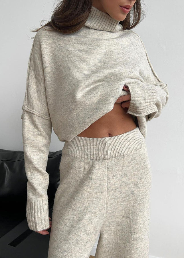 Slit Turtleneck Long Sleeve Top and Pants Sweater Set