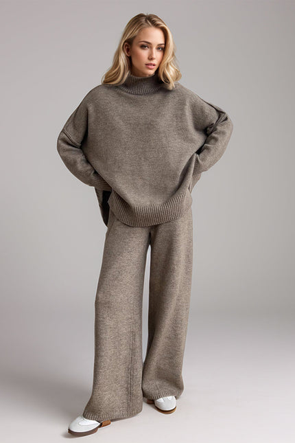 Slit Turtleneck Long Sleeve Top and Pants Sweater Set