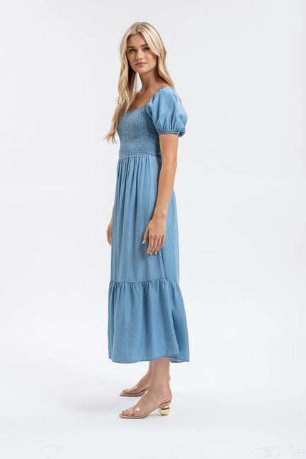 Smocked Chambray Puff Sleeve Midi Dress