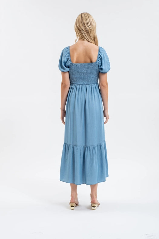 Smocked Chambray Puff Sleeve Midi Dress