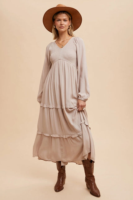 Smocked Ruffle Tiered Maxi Dress Beige