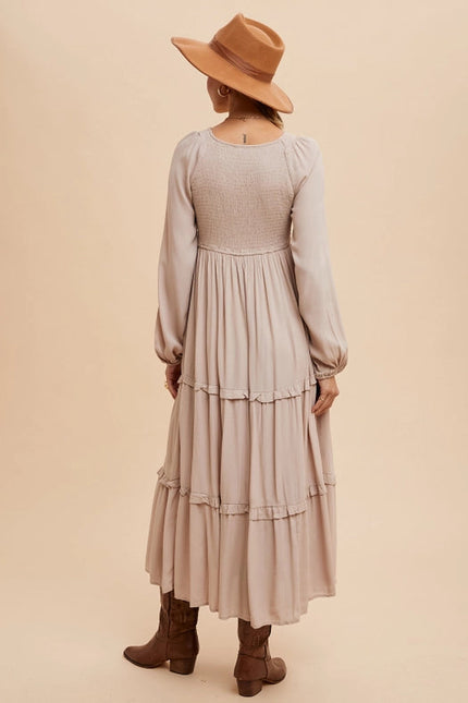 Smocked Ruffle Tiered Maxi Dress Beige