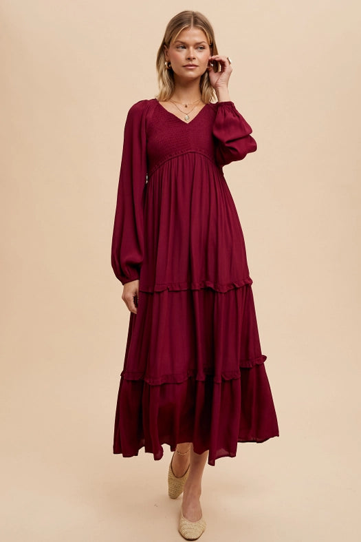 Smocked Ruffle Tiered Maxi Dress CHERRY MERLOT