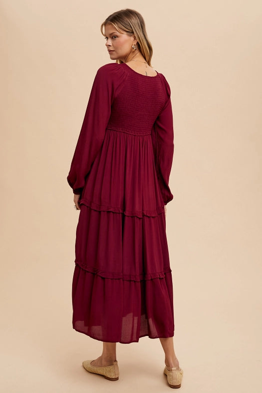 Smocked Ruffle Tiered Maxi Dress CHERRY MERLOT