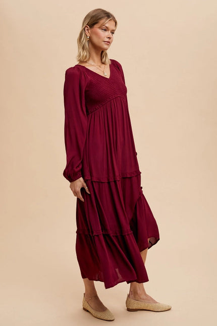 Smocked Ruffle Tiered Maxi Dress CHERRY MERLOT