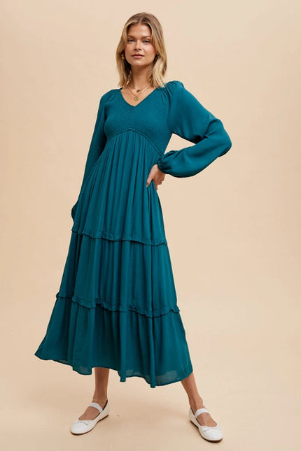 Smocked Ruffle Tiered Maxi Dress  EMERALD