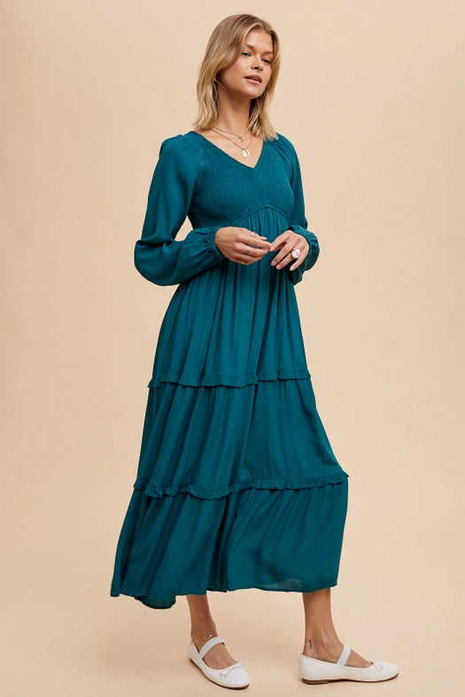 Smocked Ruffle Tiered Maxi Dress  EMERALD