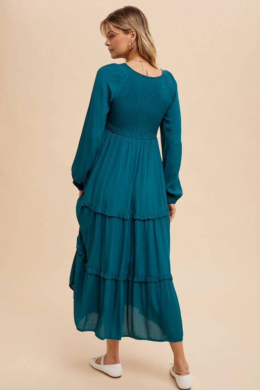 Smocked Ruffle Tiered Maxi Dress  EMERALD