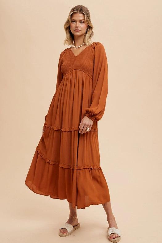 Smocked Ruffle Tiered Maxi Dress  SEPIA