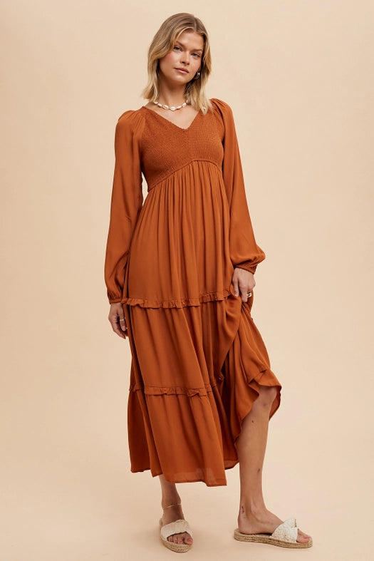 Smocked Ruffle Tiered Maxi Dress  SEPIA