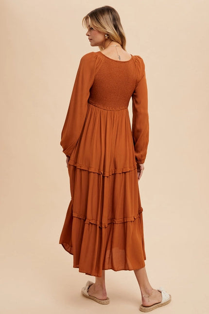 Smocked Ruffle Tiered Maxi Dress  SEPIA