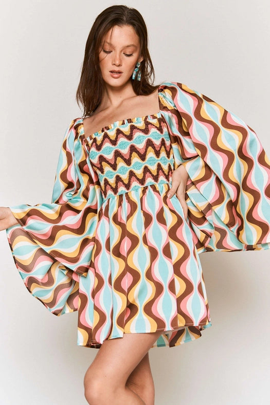 Smocked Wide Sleeve Swirl Print Mini Dress AQUA COMBO