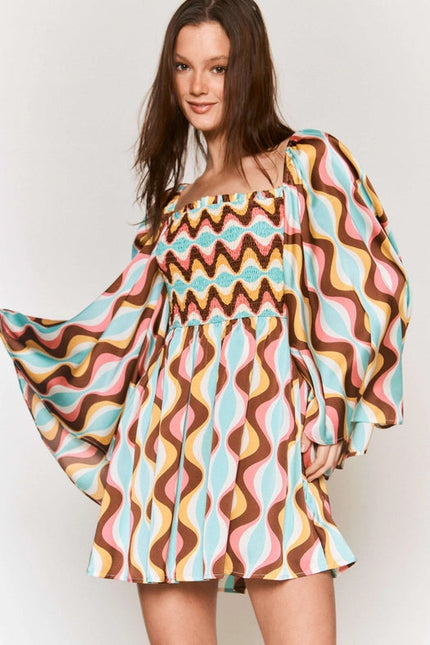 Smocked Wide Sleeve Swirl Print Mini Dress AQUA COMBO