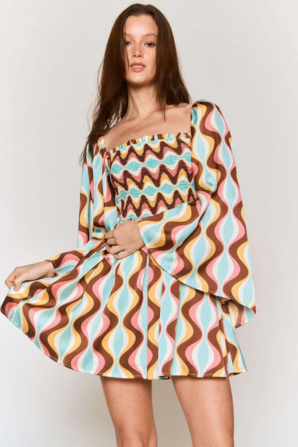 Smocked Wide Sleeve Swirl Print Mini Dress AQUA COMBO