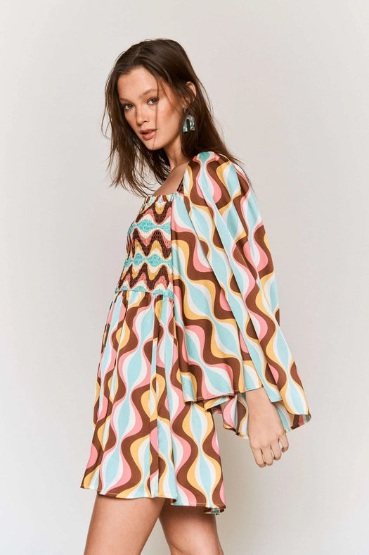 Smocked Wide Sleeve Swirl Print Mini Dress AQUA COMBO