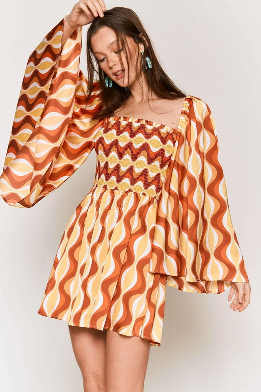 Smocked Wide Sleeve Swirl Print Mini Dress ORANGE COMBO