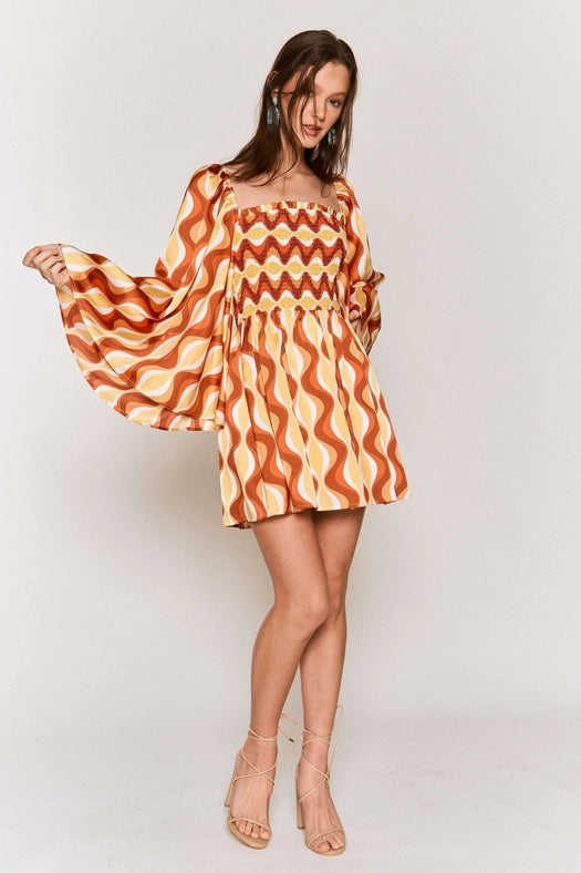 Smocked Wide Sleeve Swirl Print Mini Dress ORANGE COMBO