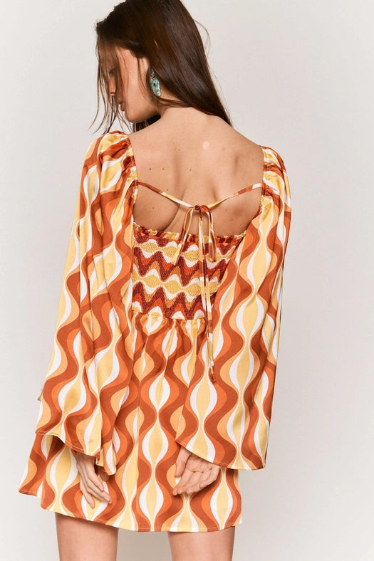 Smocked Wide Sleeve Swirl Print Mini Dress ORANGE COMBO