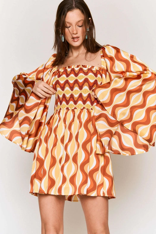 Smocked Wide Sleeve Swirl Print Mini Dress ORANGE COMBO