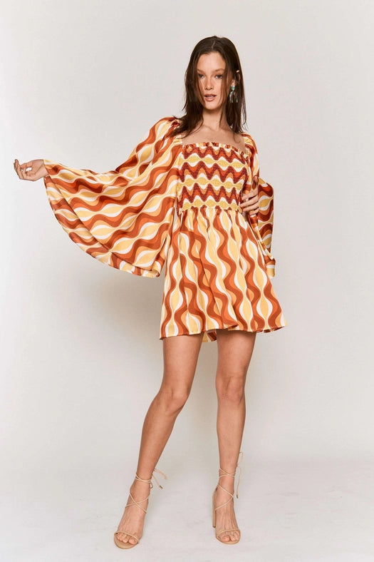 Smocked Wide Sleeve Swirl Print Mini Dress ORANGE COMBO