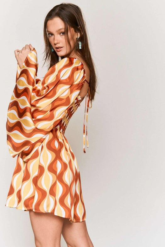 Smocked Wide Sleeve Swirl Print Mini Dress ORANGE COMBO