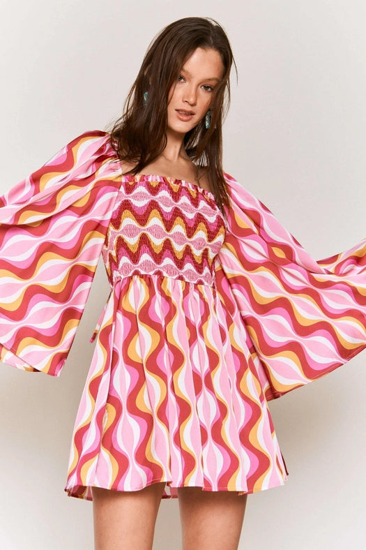 Smocked Wide Sleeve Swirl Print Mini Dress PINK COMBO