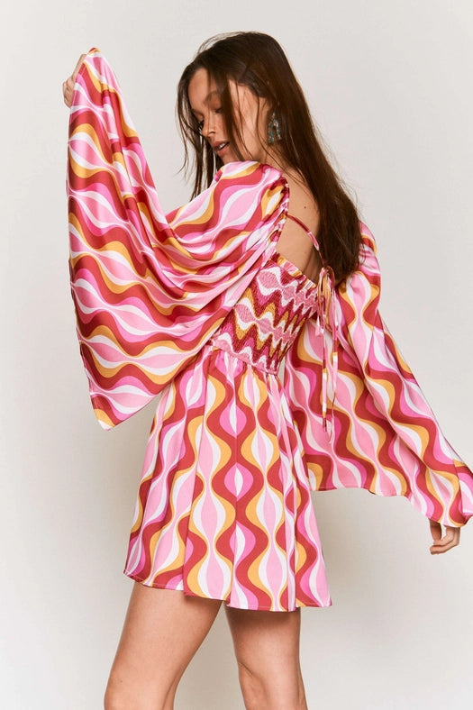 Smocked Wide Sleeve Swirl Print Mini Dress PINK COMBO